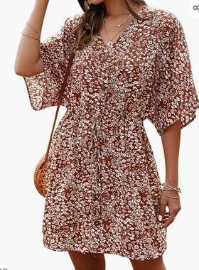 Zxzy Rust Orange and White Floral Shirt Dress Size M